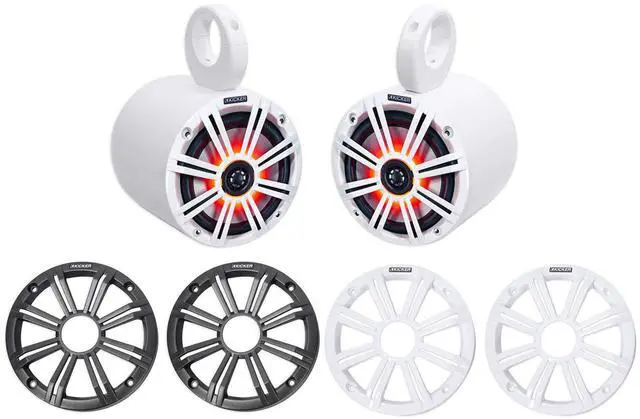 Main image of (2) 45KM654L 6.5" 390w Marine LED Speakers w/Charcoal with White Grilles KM65 Bundle with Pair Rockville MAC65W 6.5" White Aluminum Wakeboard Tower Speaker Pod Enclosures
