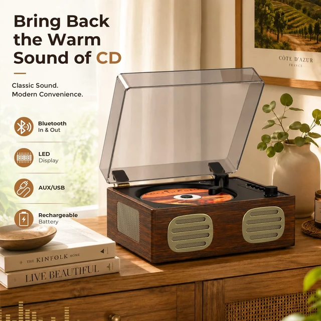 Alt view image 2 of 7 - CD Player with Speaker, Retro Portable CD Players for Home with Bluetooth Rechargeable, AUX-in, Headphone Jack, USB Mode, Wood Music Player with Nostalgic Style, Gift for Music Lovers, Walnut
