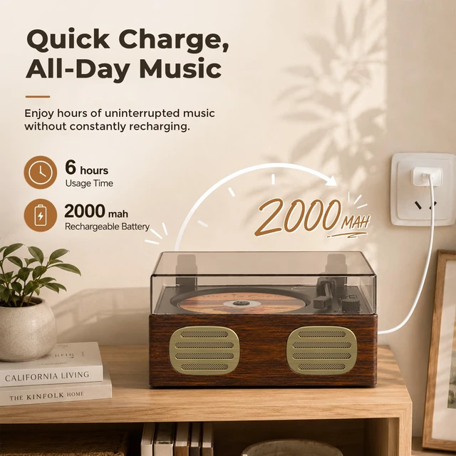 Alt view image 4 of 7 - CD Player with Speaker, Retro Portable CD Players for Home with Bluetooth Rechargeable, AUX-in, Headphone Jack, USB Mode, Wood Music Player with Nostalgic Style, Gift for Music Lovers, Walnut