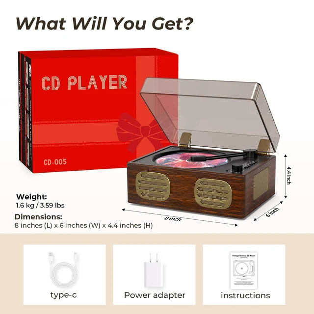 Alt view image 7 of 7 - CD Player with Speaker, Retro Portable CD Players for Home with Bluetooth Rechargeable, AUX-in, Headphone Jack, USB Mode, Wood Music Player with Nostalgic Style, Gift for Music Lovers, Walnut