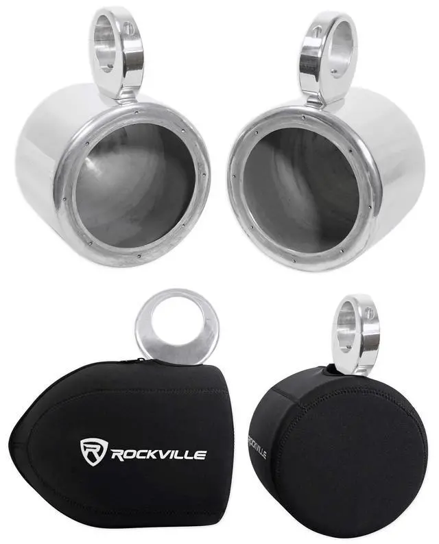 Main image of MAC65S 6.5" Polished Aluminum Wakeboard Pods with RWBC Covers | 6061 Aluminum, Fits 2"-2.5" Towers, Internal Wiring, Waterproof, 2 MAC65S Pod Enclosures, 2 RWBC Covers, Marine, 4-items