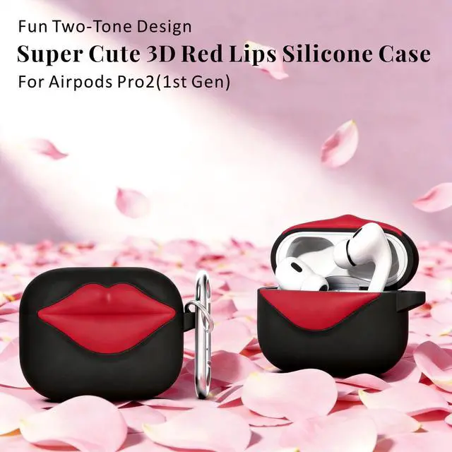 Alt view image 2 of 6 - Super Cute 3D Red Lips Silicone Case for AirPods Pro 2/1 (Black) | Fun Two-Tone Design for Women Men, Best Gift for Your Lover & Unique Stylish Aesthetic Case to Make Your AirPods Stand Out