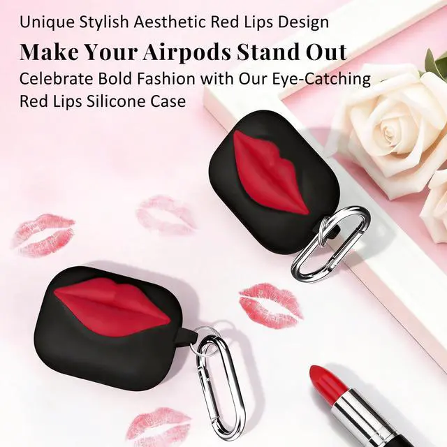 Alt view image 4 of 6 - Super Cute 3D Red Lips Silicone Case for AirPods Pro 2/1 (Black) | Fun Two-Tone Design for Women Men, Best Gift for Your Lover & Unique Stylish Aesthetic Case to Make Your AirPods Stand Out