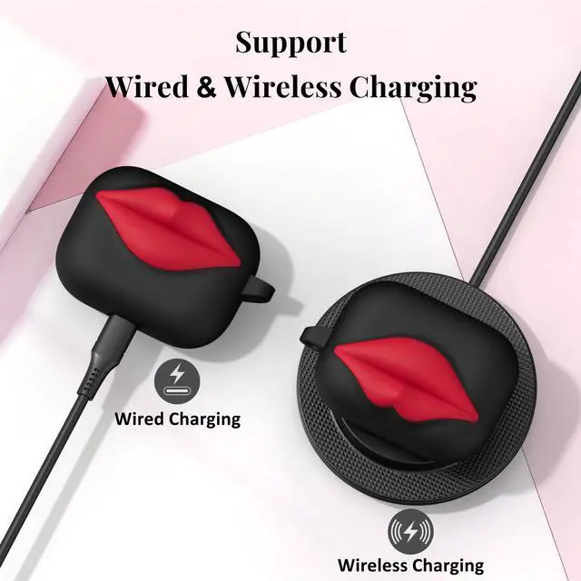Alt view image 5 of 6 - Super Cute 3D Red Lips Silicone Case for AirPods Pro 2/1 (Black) | Fun Two-Tone Design for Women Men, Best Gift for Your Lover & Unique Stylish Aesthetic Case to Make Your AirPods Stand Out