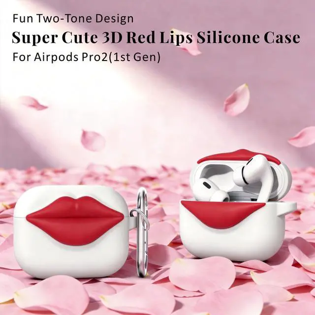 Alt view image 2 of 6 - Super Cute 3D Red Lips Silicone Case for AirPods Pro 2/1(White) | Fun Two-Tone Design for Women Men, Best Gift for Your Lover & Unique Stylish Aesthetic Case to Make Your AirPods Stand Out