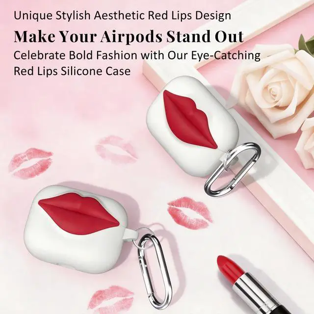 Alt view image 4 of 6 - Super Cute 3D Red Lips Silicone Case for AirPods Pro 2/1(White) | Fun Two-Tone Design for Women Men, Best Gift for Your Lover & Unique Stylish Aesthetic Case to Make Your AirPods Stand Out
