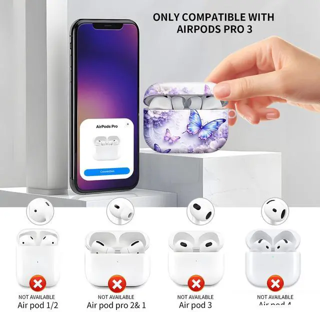 Alt view image 3 of 6 - Compatible with AirPod Pro 3 Case, Cute Hard TPU Protective Cover with Keychain, Shockproof Design Case for Women & Girls,Butterfly Floral