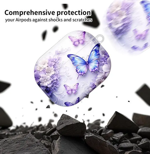 Alt view image 4 of 6 - Compatible with AirPod Pro 3 Case, Cute Hard TPU Protective Cover with Keychain, Shockproof Design Case for Women & Girls,Butterfly Floral