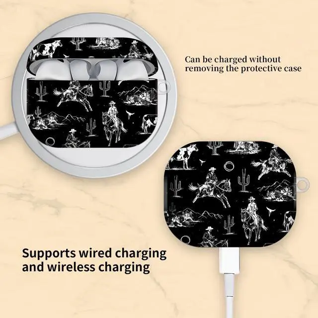 Alt view image 5 of 6 - Compatible with AirPod Pro 3 Case, Cute Hard TPU Protective Cover with Keychain, Shockproof Design Case for Women & Girls,Cowboy Riding Horse Cow Cacti