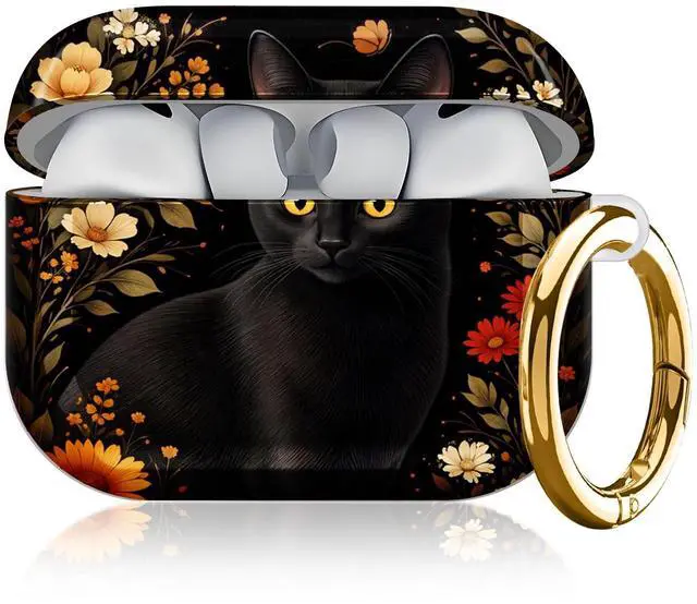 Main image of Compatible with AirPod Pro 3 Case, Cute Hard TPU Protective Cover with Keychain, Shockproof Design Case for Women & Girls,Black Cat Floral