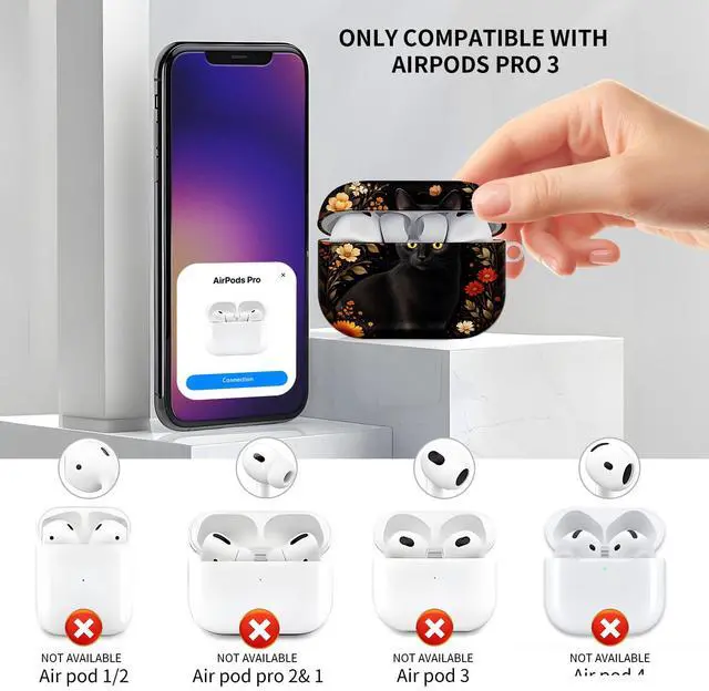 Alt view image 3 of 6 - Compatible with AirPod Pro 3 Case, Cute Hard TPU Protective Cover with Keychain, Shockproof Design Case for Women & Girls,Black Cat Floral