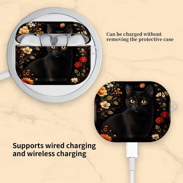 Alt view image 5 of 6 - Compatible with AirPod Pro 3 Case, Cute Hard TPU Protective Cover with Keychain, Shockproof Design Case for Women & Girls,Black Cat Floral