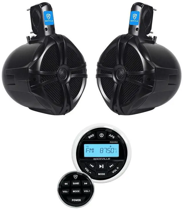 Main image of RGHR2 Marine Gauge Hole Receiver Bundle with RWB80B 8" Speakers | IP66 Waterproof, Bluetooth, USB, AM/FM, RCA Aux, 8" Black Wakeboard Tower Speaker Pair, Wired Remote, Boat, 2-Items