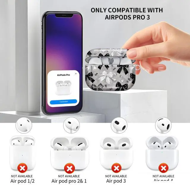 Alt view image 3 of 6 - Compatible with AirPod Pro 3 Case, Cute Hard TPU Protective Cover with Keychain, Shockproof Design Case for Women & Girls,Black White Bow