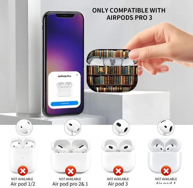 Alt view image 3 of 6 - Compatible with AirPod Pro 3 Case, Cute Hard TPU Protective Cover with Keychain, Shockproof Design Case for Women & Girls,Bookshelf Vintage Books