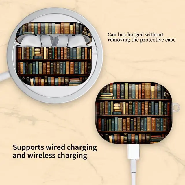 Alt view image 5 of 6 - Compatible with AirPod Pro 3 Case, Cute Hard TPU Protective Cover with Keychain, Shockproof Design Case for Women & Girls,Bookshelf Vintage Books