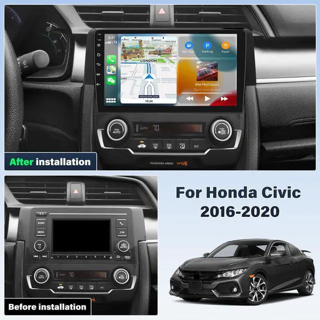 Alt view image 2 of 7 - 4+64G Radio for Honda Civic 2016 2017 2018 2019 2020 with Wireless Apple Carplay Android Auto, 9 Touch Screen for Civic Stereo Bluetooth, FM, GPS Navi, WiFi, SWC, Mic, AHD Backup Camera