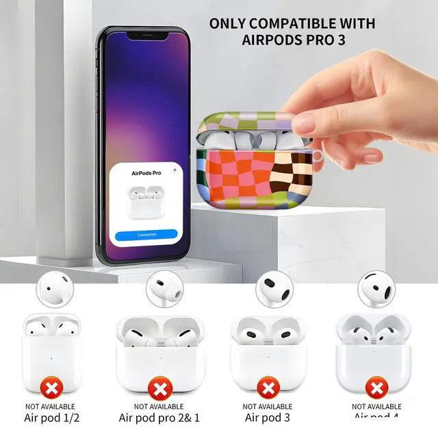 Alt view image 3 of 6 - Compatible with AirPod Pro 3 Case, Cute Hard TPU Protective Cover with Keychain, Shockproof Design Case for Women & Girls,Colorful Wavy Checkerboard