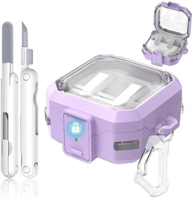 Main image of with Safety Lock for Samsung Galaxy Buds 4 Pro Case, Galaxy Buds 4 Case Cover, Clear Cyber Cases with Keychain & Cleaning Kit, Military Grade Armor Shockproof Full Body Protective Hard Shell (Purple)