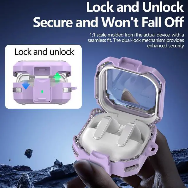 Alt view image 2 of 7 - with Safety Lock for Samsung Galaxy Buds 4 Pro Case, Galaxy Buds 4 Case Cover, Clear Cyber Cases with Keychain & Cleaning Kit, Military Grade Armor Shockproof Full Body Protective Hard Shell (Purple)