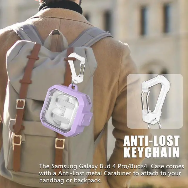 Alt view image 6 of 7 - with Safety Lock for Samsung Galaxy Buds 4 Pro Case, Galaxy Buds 4 Case Cover, Clear Cyber Cases with Keychain & Cleaning Kit, Military Grade Armor Shockproof Full Body Protective Hard Shell (Purple)