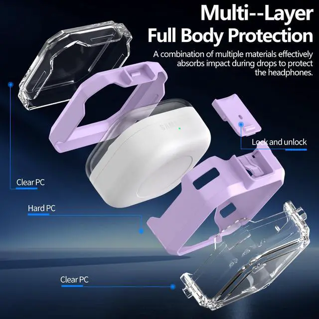 Alt view image 5 of 7 - with Safety Lock for Samsung Galaxy Buds 4 Pro Case, Galaxy Buds 4 Case Cover, Clear Cyber Cases with Keychain & Cleaning Kit, Military Grade Armor Shockproof Full Body Protective Hard Shell (Purple)