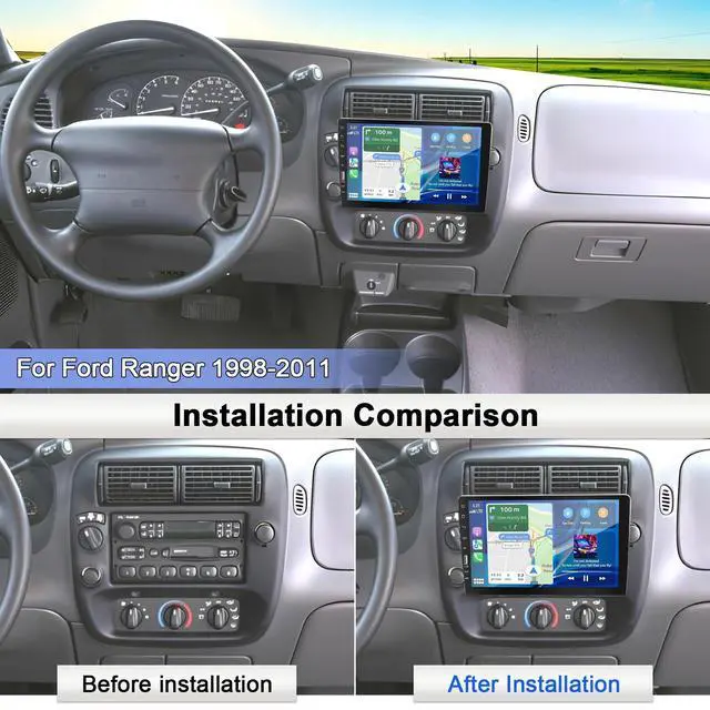 Alt view image 2 of 7 - 9" Single Din Radio Car Stereo for Ford Ranger 1998-2011 | Wireless CarPlay & Android Auto,IPS Touchscreen,1 Din Car Audio Receivers with Bluetooth,Mirror Link,SWC,FM AM,Back Camera