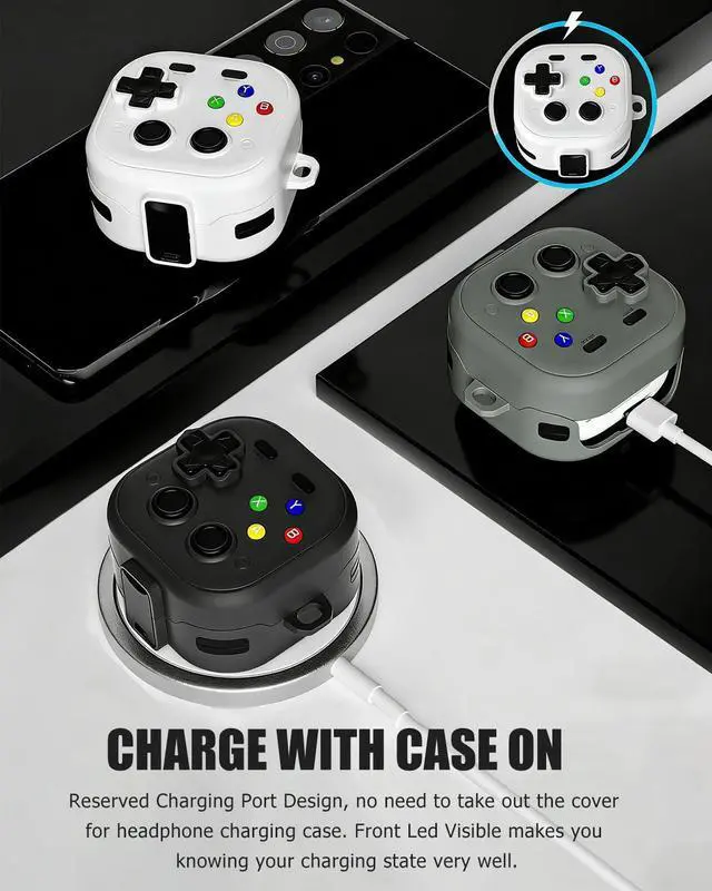 Alt view image 6 of 7 - for Samsung Galaxy Buds 4 pro/Buds 4 Case Cover,Cute Cartoon 3D Funny Game Player Design Protective PC+TPU Cover,with Keychain & Lanyard & Cleaner Kit,Grey
