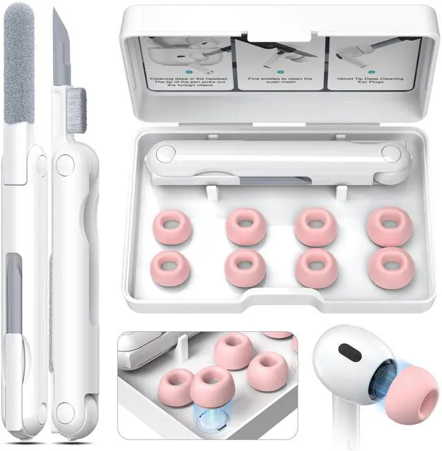 Main image of for AirPods Pro 1st/2nd Gen (8 Earbud mounting Slots with Noise-canceling Holes and Built-in dust mesh), USB-C Charging Cradle, and Cleaning kit. 4 Pairs (XS/S/M/L), Pink