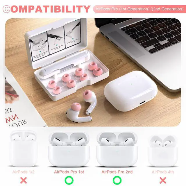 Alt view image 2 of 7 - for AirPods Pro 1st/2nd Gen (8 Earbud mounting Slots with Noise-canceling Holes and Built-in dust mesh), USB-C Charging Cradle, and Cleaning kit. 4 Pairs (XS/S/M/L), Pink