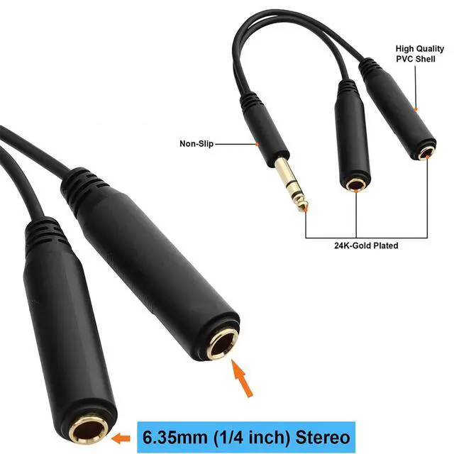 Alt view image 2 of 6 - 1/4 Splitter Male to Dual 1/4" TRS Stereo Female Jack Splitter Headphone Adapter Cable - 8 inches / 20cm Quarter Inch Cord
