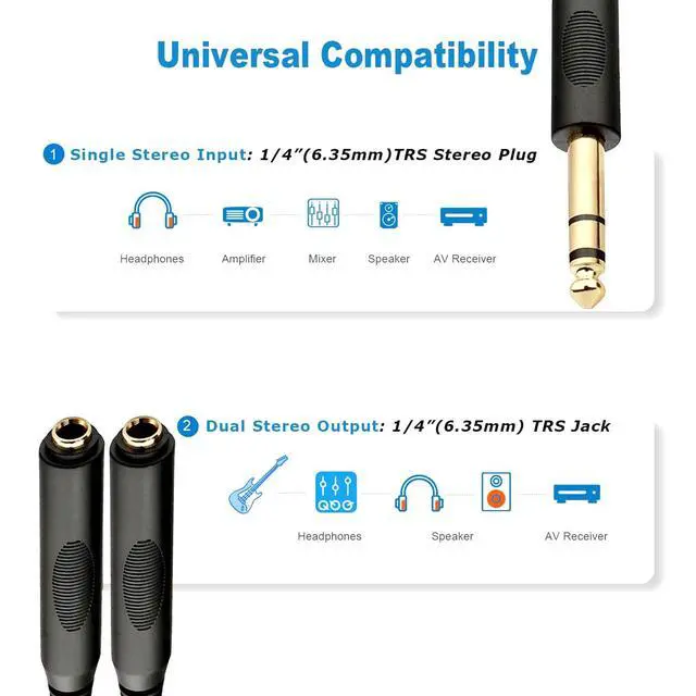 Alt view image 3 of 6 - 1/4 Splitter Male to Dual 1/4" TRS Stereo Female Jack Splitter Headphone Adapter Cable - 8 inches / 20cm Quarter Inch Cord