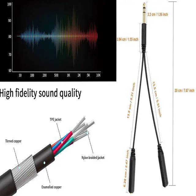 Alt view image 4 of 6 - 1/4 Splitter Male to Dual 1/4" TRS Stereo Female Jack Splitter Headphone Adapter Cable - 8 inches / 20cm Quarter Inch Cord