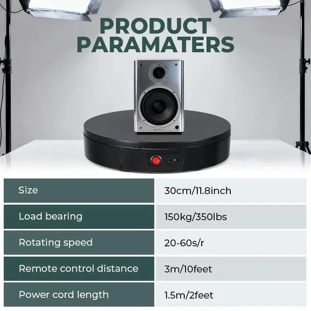 Alt view image 6 of 6 - Photography Turntable 11.8inch/350lb Motorized 360° with Remote | 10ft(3m) Wired Remote, 360° Smooth Rotation for Professional Product Photography, 3D Scanning, Commercial Display, Black