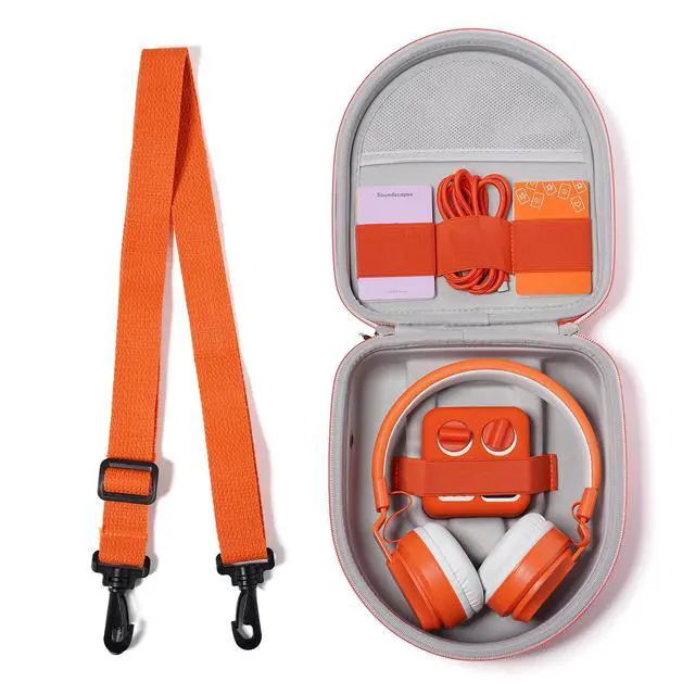 Alt view image 7 of 7 - Travel Case Holder for Yoto Mini Player, Headphone, Audiobook Cards - Protective Storage Organizer Carrier with Adjustable Shoulder Strap for Kids (Orange)