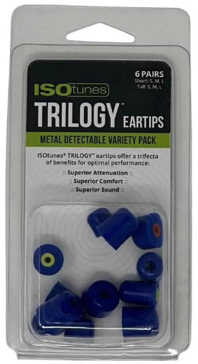 Main image of Trilogy Metal Detectable Eartips Variety Pack (6 Pairs) | Metal grommet for detection, blue foam eartips, threaded core, designed for metal-detectable PPE environments