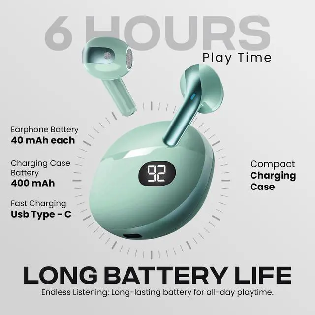 Alt view image 4 of 6 - Wireless Earbuds, Bluetooth 5.4 in-Ear Headphones, Smart LED Power Display, Touch Controls, Comfortable Earphones, 12H Battery Life, for Phone/PC/Gym/Home/Travel (Mint)