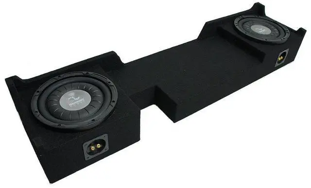 Main image of Dual 10" Subwoofer Box Enclosure F104 Fits 2004-2008 Ford F150 Super Crew | Flatline Series speakers included, custom truck bass upgrade, space-saving behind-seat install, 10 inch size