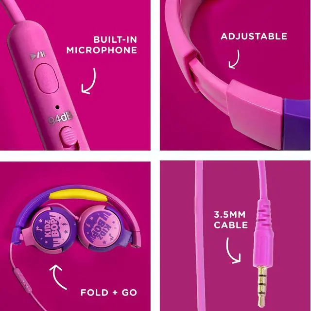 Alt view image 3 of 6 - Kidz Bop, Wired Headphones for Kids | Microphone | 3.5mm Plug | Volume Limiting 85dB/94dB | Soft Pads | Adjustable | School Use | Gift 3 4 5 6 7 8+ Year Old Girls Boys Toddlers