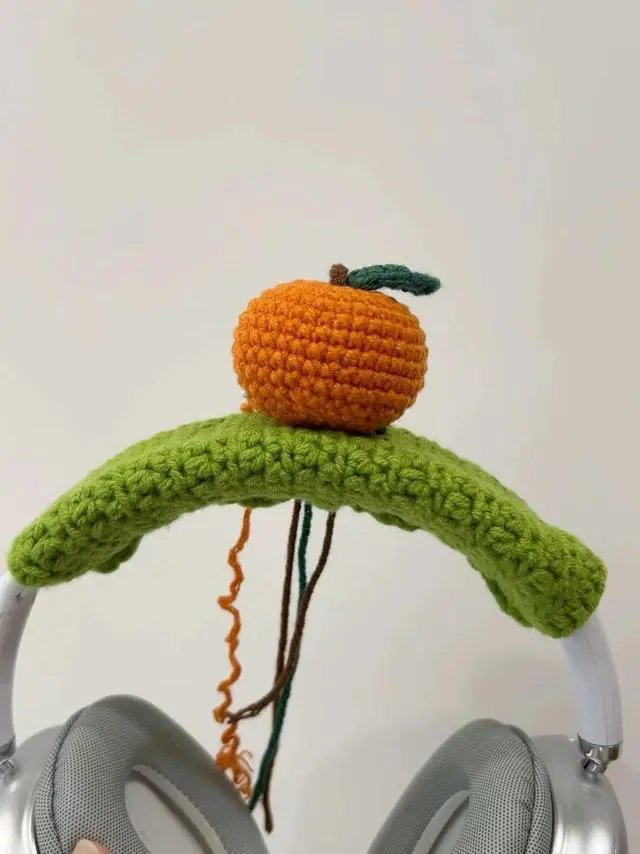 Alt view image 2 of 7 - Crochet Mushroom Headband Cover for Airpods Max, Handmade Knitted Fruit Headband Cushion Pad Protector, Cute Sweat Cover Sleeve for Airpods Max Headset Headphone Decoration (Orange)
