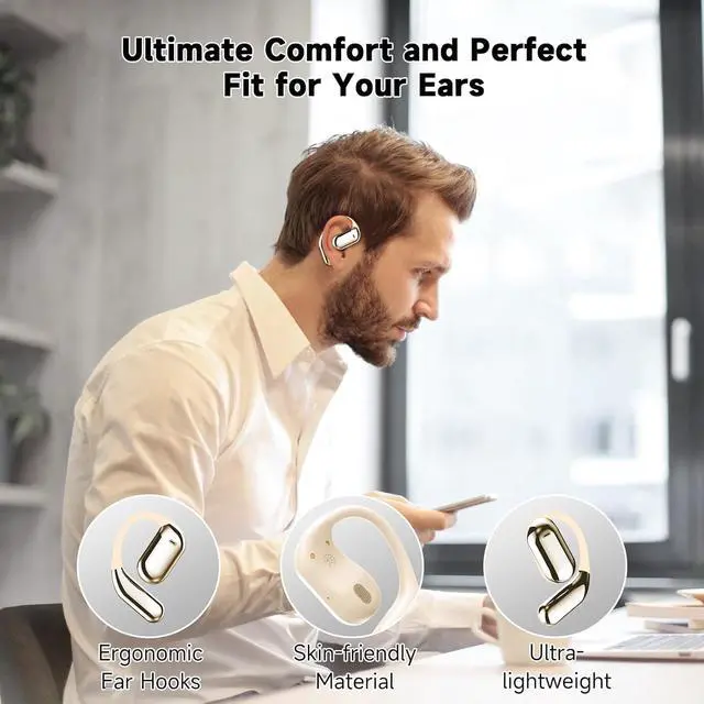 Alt view image 5 of 7 - Open Ear Bluetooth 5.4 Earbuds, Wireless Headphones Sport Over Earphones Built-in Mic with Ear Hooks, 60H Playtime Ear Buds Fast Charging, IPX7 Waterproof for Running/Workout,kin Color