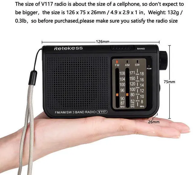 Alt view image 3 of 6 - V117 Portable Radios AM FM, Shortwave Radio(Black) | for Seniors, Transistor,Clear Dial, Best Reception, Easy Tuning