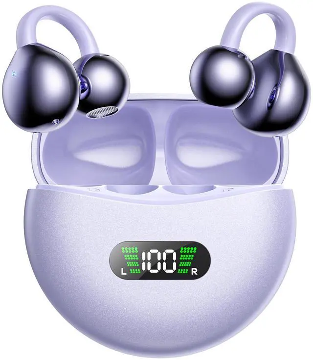 Main image of Wireless Earbuds Open Ear Clip On Headphones with LED Digital Display Charging Case Touch Control Bluetooth 5.4 Air Conduction Sport Earphones for Running Fitness, Medium Purple