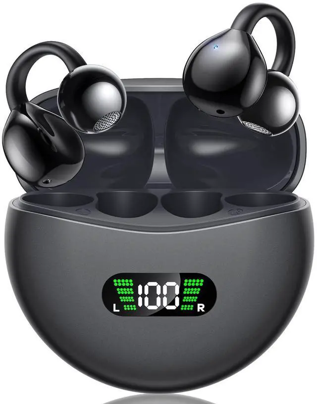 Main image of Wireless Earbuds Open Ear Clip On Headphones with LED Digital Display Charging Case Touch Control Bluetooth 5.4 Air Conduction Sport Earphones for Running Fitness, Dark Grey