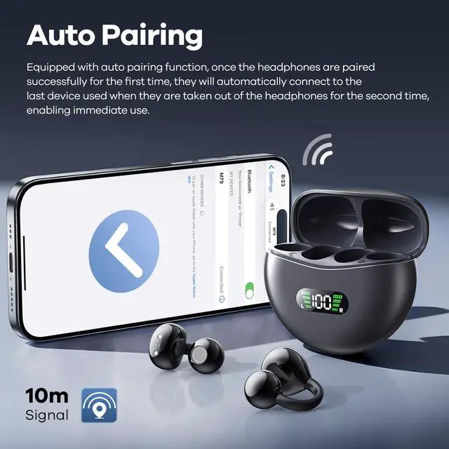 Alt view image 6 of 7 - Wireless Earbuds Open Ear Clip On Headphones with LED Digital Display Charging Case Touch Control Bluetooth 5.4 Air Conduction Sport Earphones for Running Fitness, Dark Grey