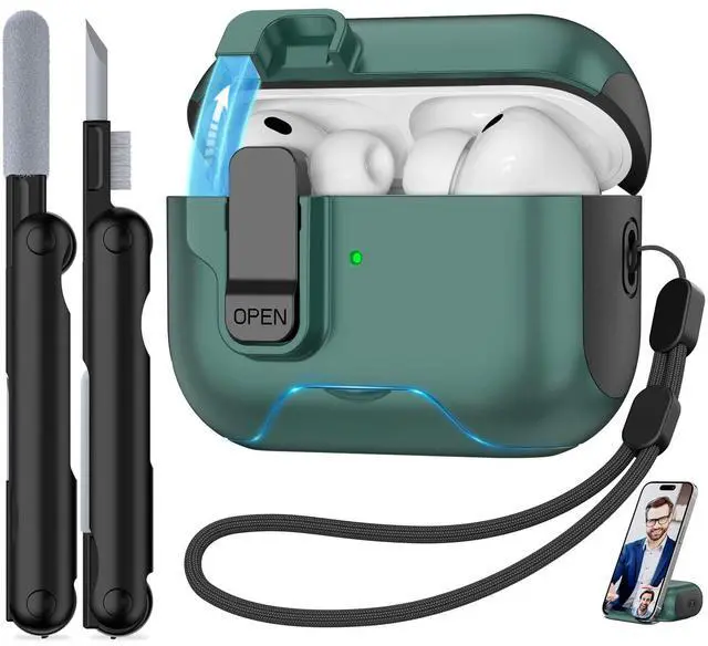Main image of for AirPods Pro 3 Case 2025, Secure Lock & Phone Stand Design Compatible with Airpods Pro 3rd Generation Case Cover with Cleaner/Lanyard for Men Women (Green, AirPods Pro 3 (2025))