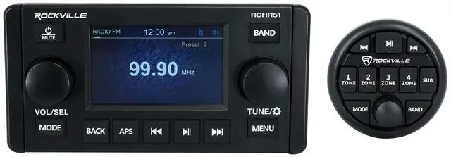 Alt view image 2 of 7 - RGHR51 5 Zone Marine Receiver Bundle with 4 NF1-116B Speakers | IP66 Waterproof, Bluetooth/USB/AM/FM, 4" TFT, EQ, Wired Remote, 4 MB Quart 6.5" 80W 2-Way Coaxial Black Speakers, 5-Items