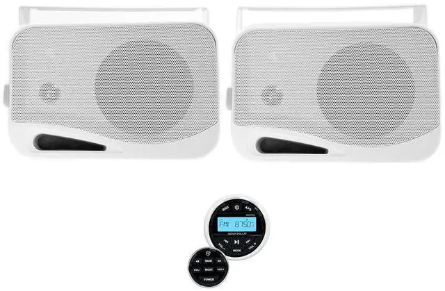 Main image of RGHR2 Marine Gauge Hole Receiver Bundle with HP4S 4" Speaker Pair | Bluetooth, USB, AUX, AM/FM Radio, 360W Peak / 120W RMS, IPX44, White, Swivel Brackets, Wired Remote, 3-items