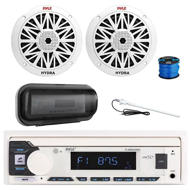 Main image of Pyle PLMRB29W2 Single DIN Marine Bluetooth MP3 Player Stereo Receiver, Radio Cover, 2X 6.5 200 Watt Full Range 2-Way Waterproof Audio Speakers w/Wire, Long Range Antenna