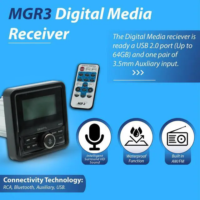 Alt view image 3 of 7 - MGR3 Marine Stereo Receiver with 200W, Multi-Mode Playback (USB, SD, AUX, FM), Remote Control, Works with Bluetooth, and Weatherproof Design for Cars, Boats, ATVs, Motorcycles, and RVs